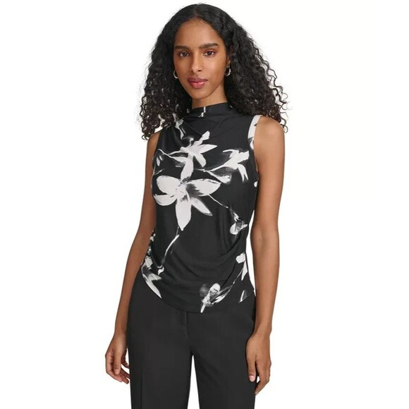 Calvin Klein Women's High-Neck Floral-Print Sleeveless Top Ruched Sides Black M - Picture 1 of 7